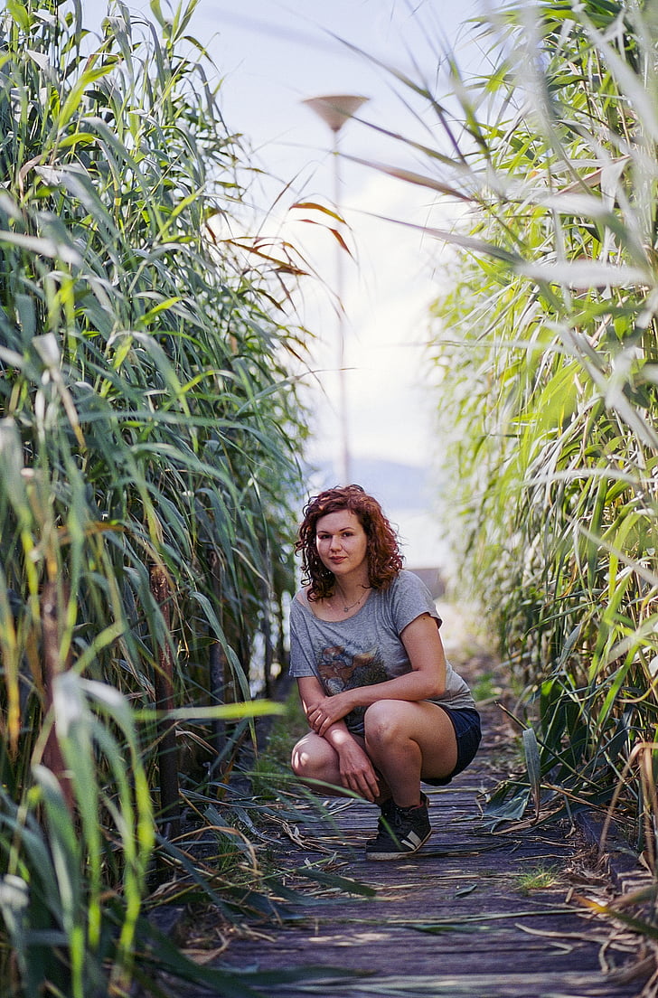 agriculture, beautiful, blur, cornfield, curly hair, field, focus