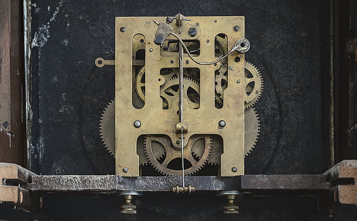 clock, gears, inside, equipment, metal, technology, brass