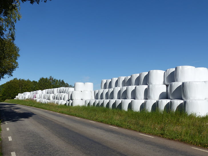 hay bales, plastic, white, road, countryside, himmel, blue