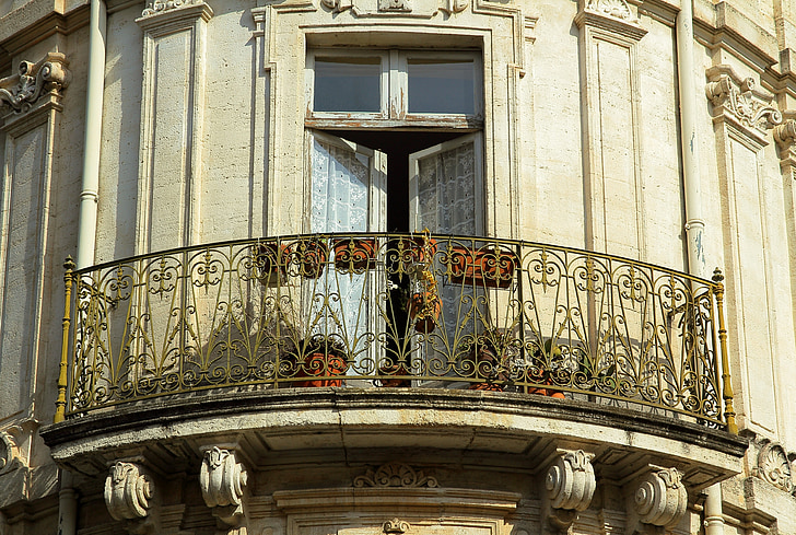 balkon, zábradlí, fasáda, kov, Architektura, květiny, okno
