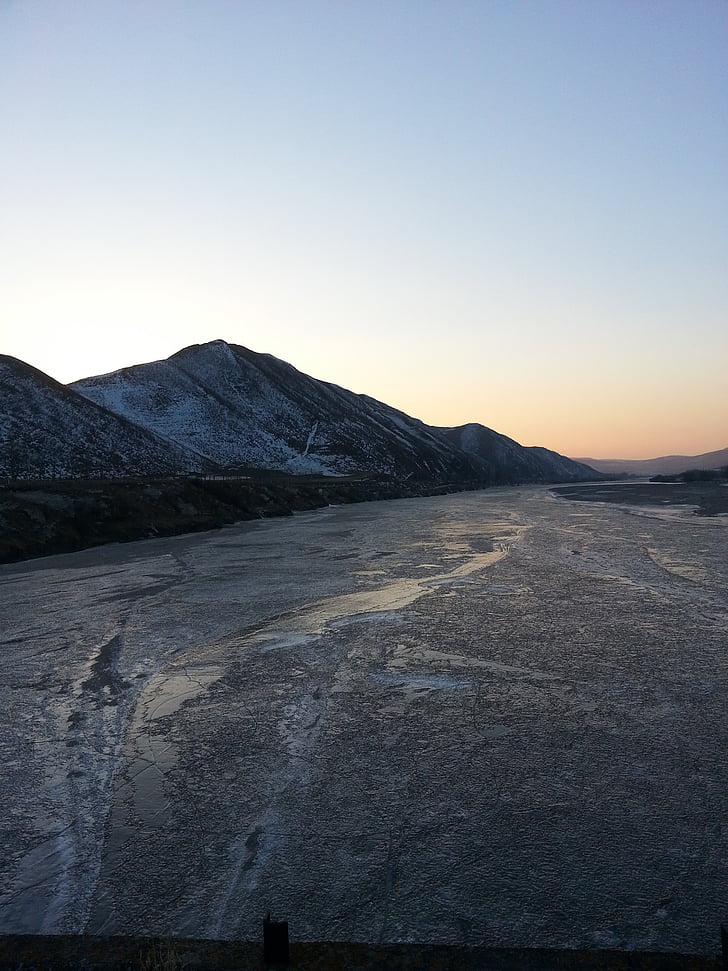 glow, sunset, frozen river, in the cold, winter, nature, mountain