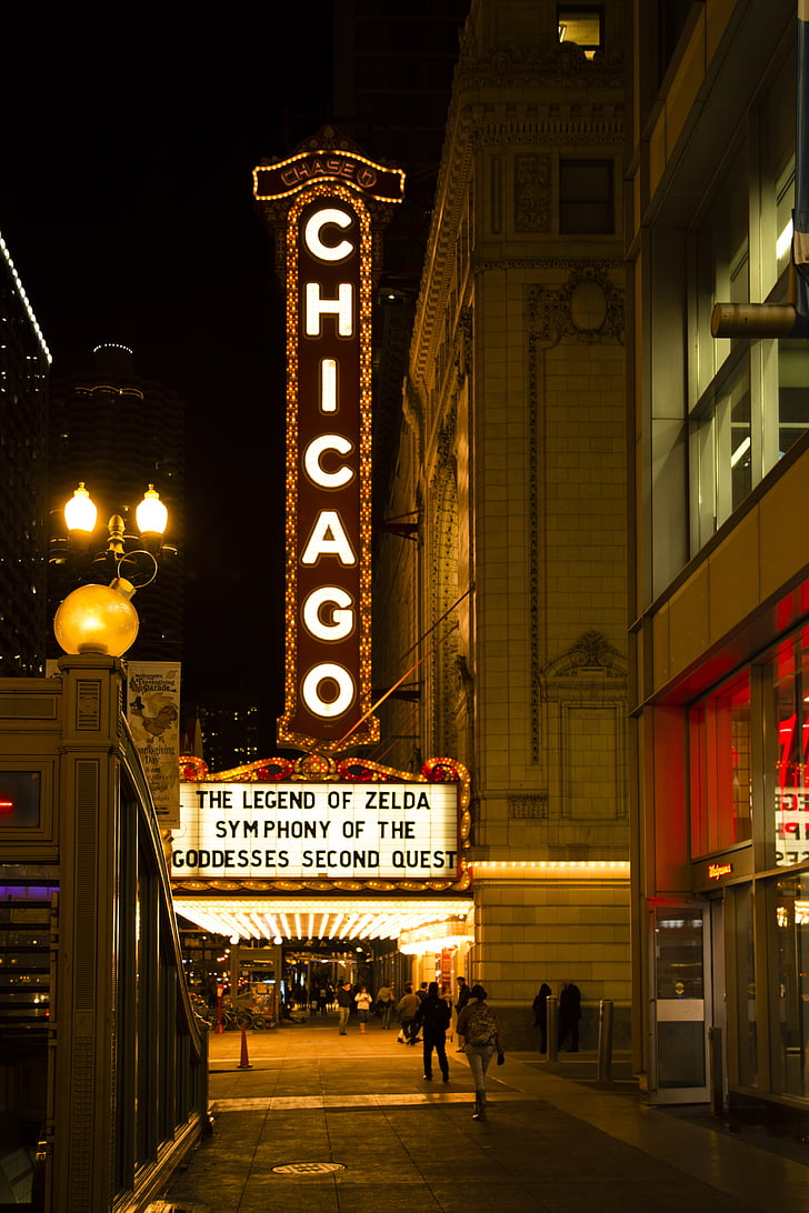 Chicago theater, sentrum, natt, lys, tegn, Street