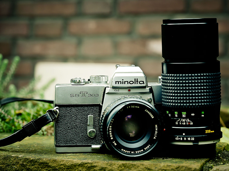 Câmara fotográfica, câmera, Minolta, fotografia, velho, saudade, vintage
