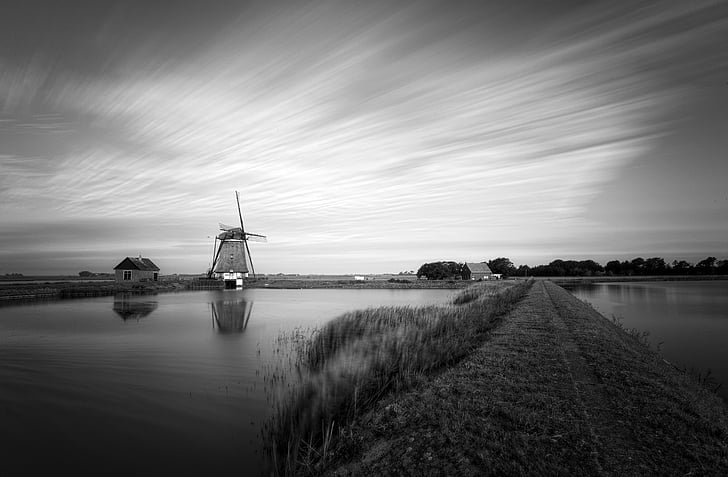 long exposure, windmill, architecture, sky, clouds, mill, texel