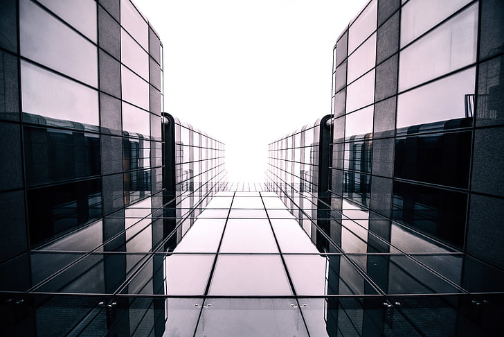 arquitectura, edifici, vidre, baix angle de tir, Perspectiva, reflexió, exterior d'edifici oficina