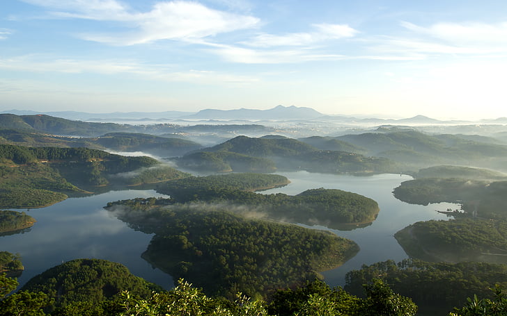 aérea, tiro, Lago, Dalat, Vietname, paisagem, Ilhas
