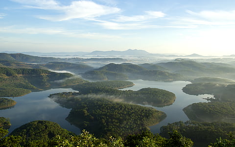 aerial, shot, lake, Dalat, Vietnam, landscape, islands