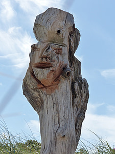 wood, art, sylt, sky, clouds, face, carving