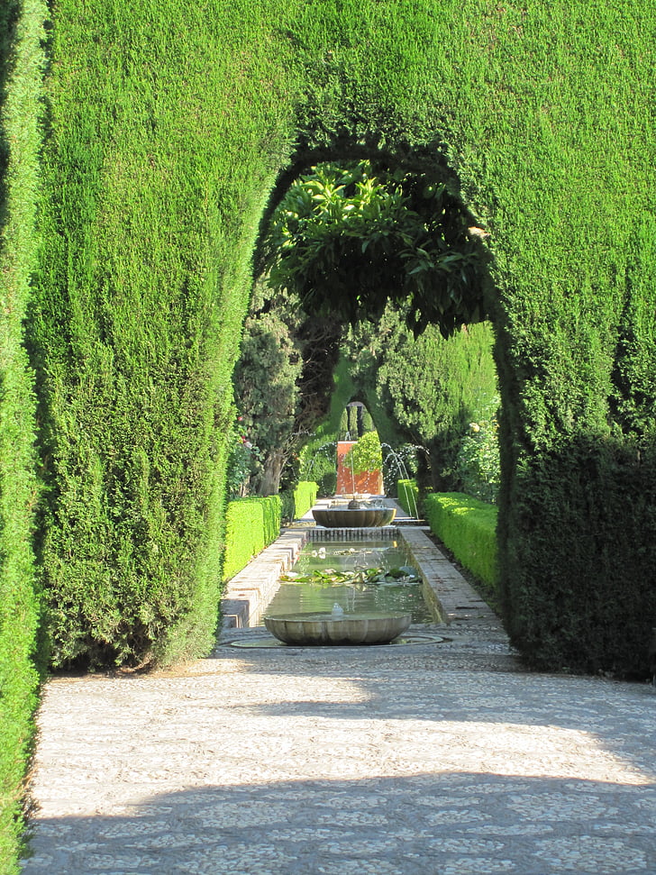 Alhambra, fonte, água, jardim, Hedges, verde, cerca viva