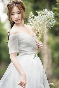 carácter, bosque, mujer, vestido blanco, novia, boda, Asia