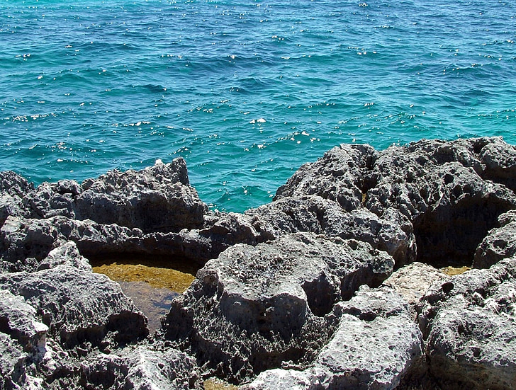 rocks, water, waves, blue, ocean, sea