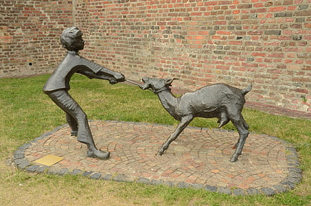 imagen, estatua de, chico, cabra, sorteo, latón, oposición