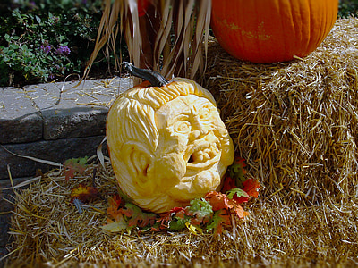 tekvica, Carving, tvár, vyrezávané, Hay, listy, Halloween