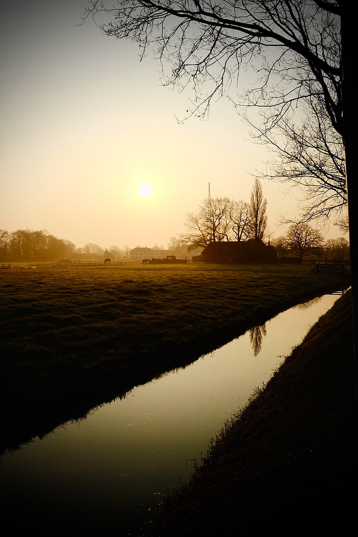 farm, field, morning, nature, river, sunrise, sunset