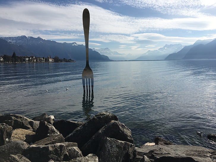 叉子, 湖, 韦沃, 瑞士, 山脉, 艺术, 景观