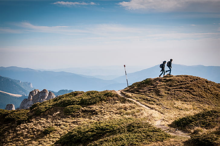 paisagem, fotografia, dois, pessoas, em pé, marrom, montanha