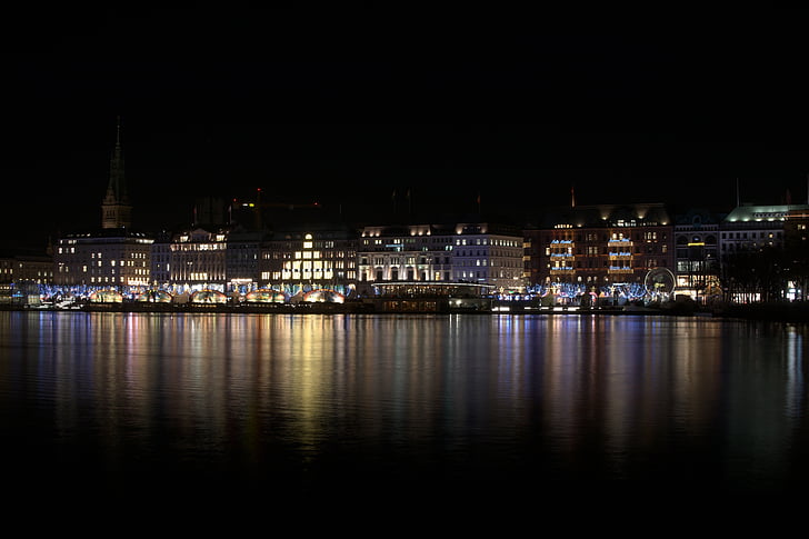 Hamburg, noč, Božični sejem, zunanji alster, Alster, božič, Jungfernstieg