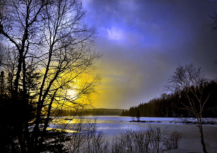 paisatge d'hivern, posta de sol, l'hivern, crepuscle, cel, natura, fred