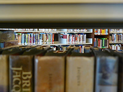 bibliotek, offentligt bibliotek, böcker, hyllor, bokhylla, byggnad, litteratur