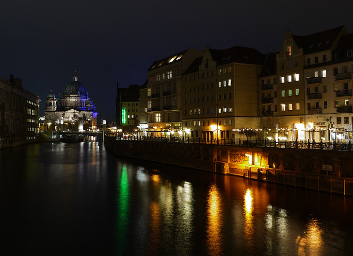 folyó, Spree, Berlin, tőke, város, építészet, éjszaka