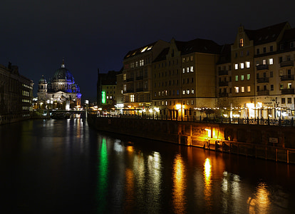 rivier, Spree, Berlijn, kapitaal, stad, het platform, nacht
