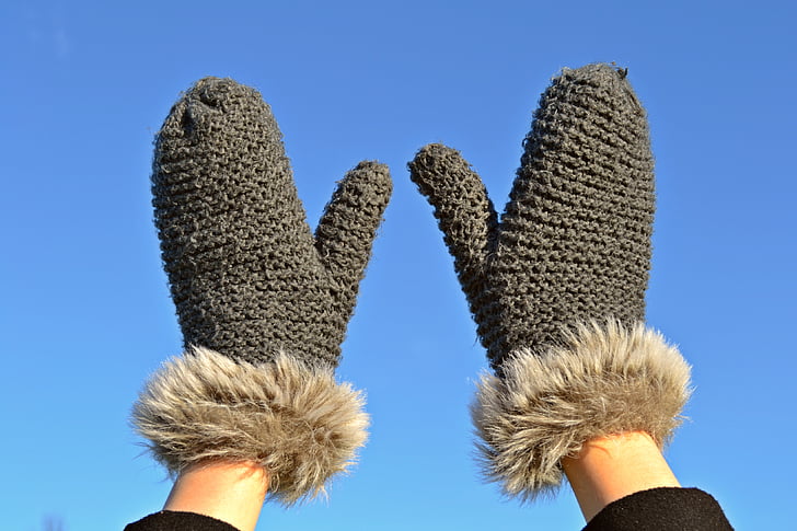 vantar, handskar, Stickad, Pels, blå himmel, vinter, vinterkläder
