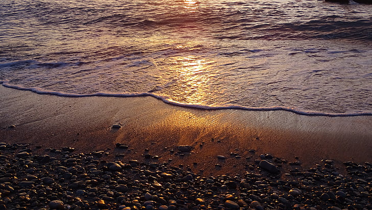 sea, sunset, sand, beach, sunbeam, reflection