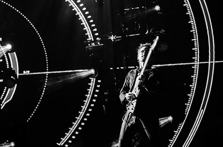 en blanco y negro, Guitarra, guitarrista, Muse - Rock Im Revier 2015, música, músico, persona