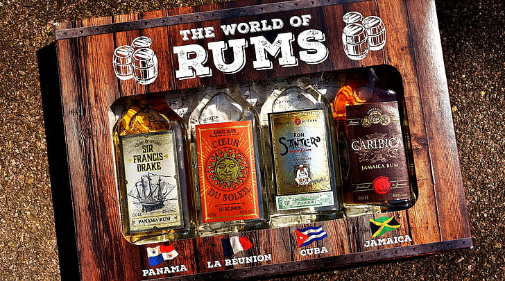 rum, alkohol, palackok, különböző eredetű, alkoholtartalmú italok, ital, Csendélet