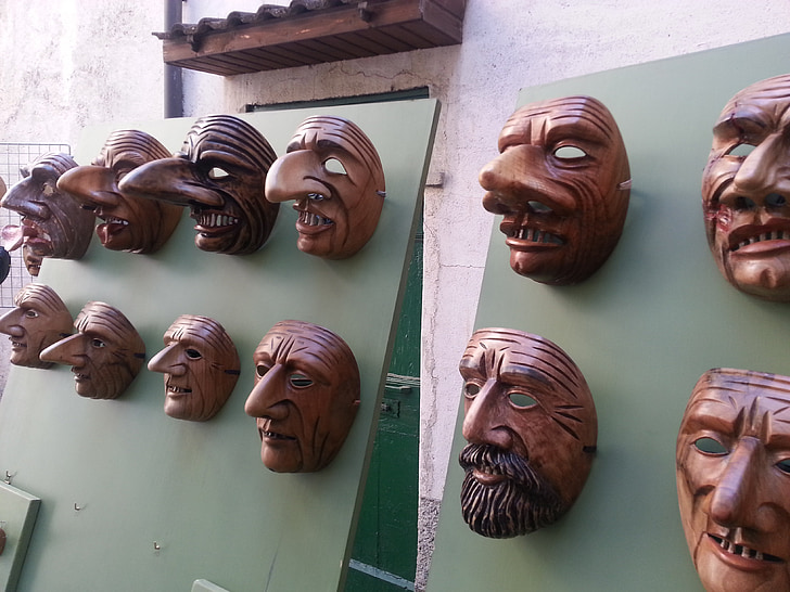 masks, wood, mountain, carving, carved masks, italy, human Face