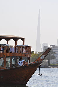 Дубай, ферибот, котва, пристанище, град, Skyline, вода