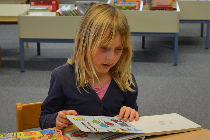 child, girl, people, library, books, read