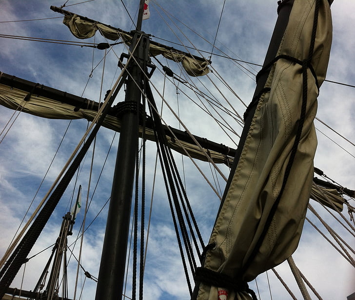 modrá obloha, loď, fregata, volný čas, stožár, námořní, navigace