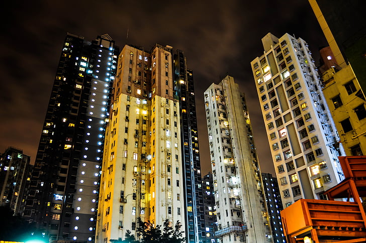 Hong kong, nit, ciutat, paisatge urbà, edifici, horitzó de Hong kong, horitzó