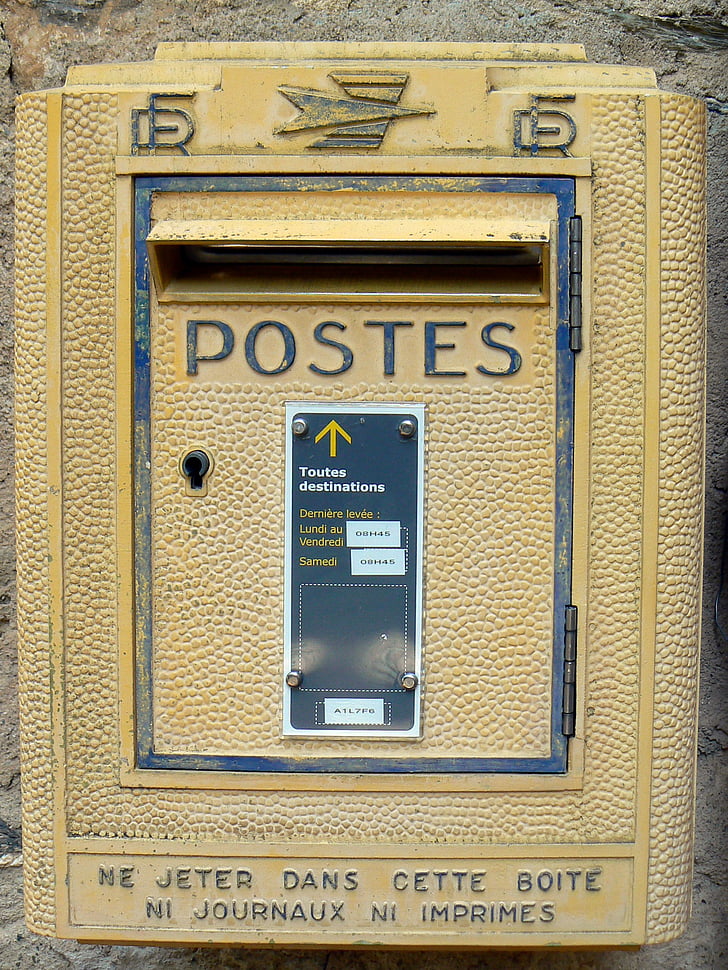 postboks, Frankrike, innlegg, gul, e-post