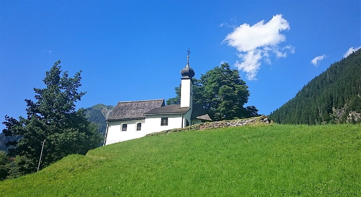 church, hilltop, building, alps, countryside, scenery, panoramic