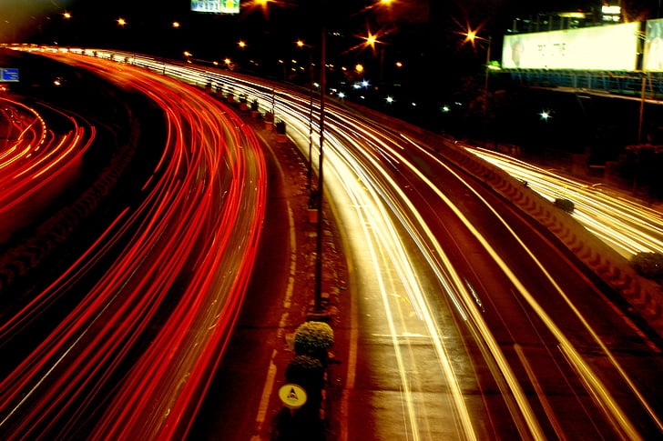 road, traffic, lights, cars, rear lights, front lights, speed