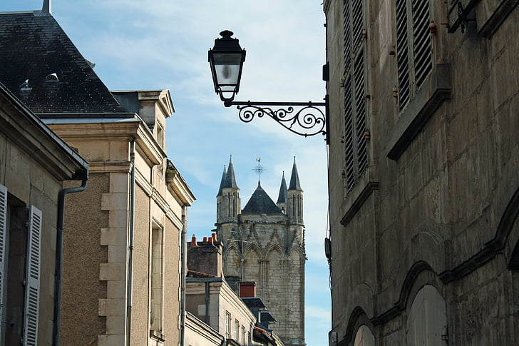 street light, church tower, french street, church tower view, street lamp, church, french buildings