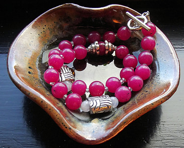 gemstones, dyed jade, hot pink, silver over copper, toggle clasp, bracelet, dog collar