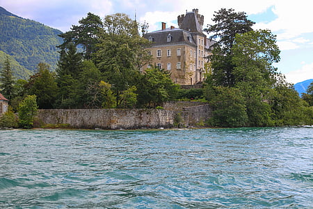 Annecy, Lago, Lago de Annecy, casa, beira da água, Castelo, edifício