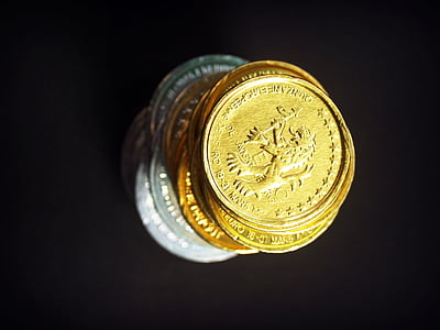 монети, злато, парични средства, изолирани, кула, икономика, курс