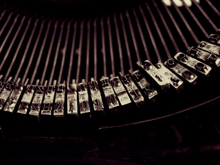 Antik, schwarz-weiß-, Schlüssel, Briefe, Metall-Tasten, Schreibmaschine, Old-fashioned