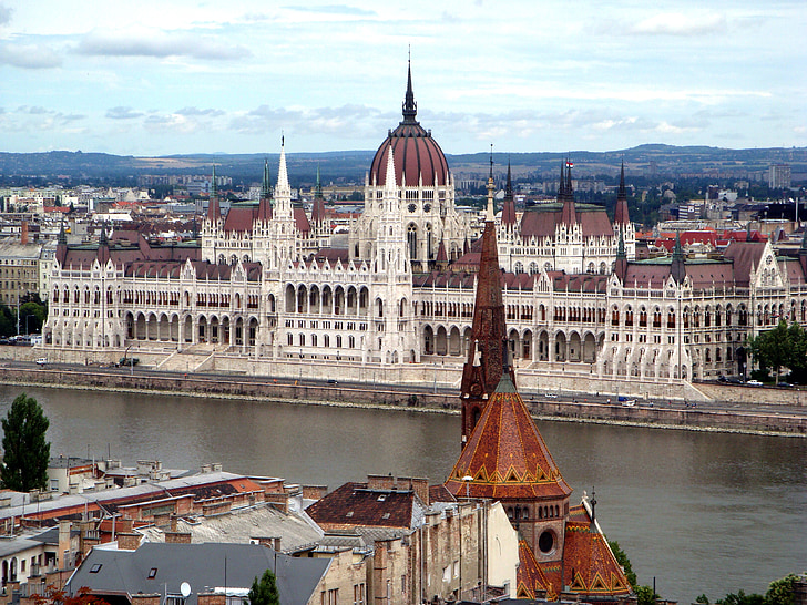 Parlament, Budimpešta, obale, reka, stavbe, vode, nebo