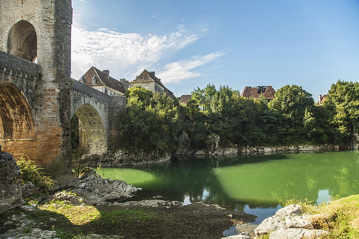 Orthez, Frankrig, gav de pau-floden, natur, ruin, træ, floden