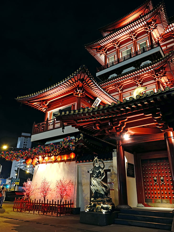 Buddha tooth relic temploma, Szingapúr, Chinatown, buddhizmus, turisztikai látványosságok, vallás, éjszaka