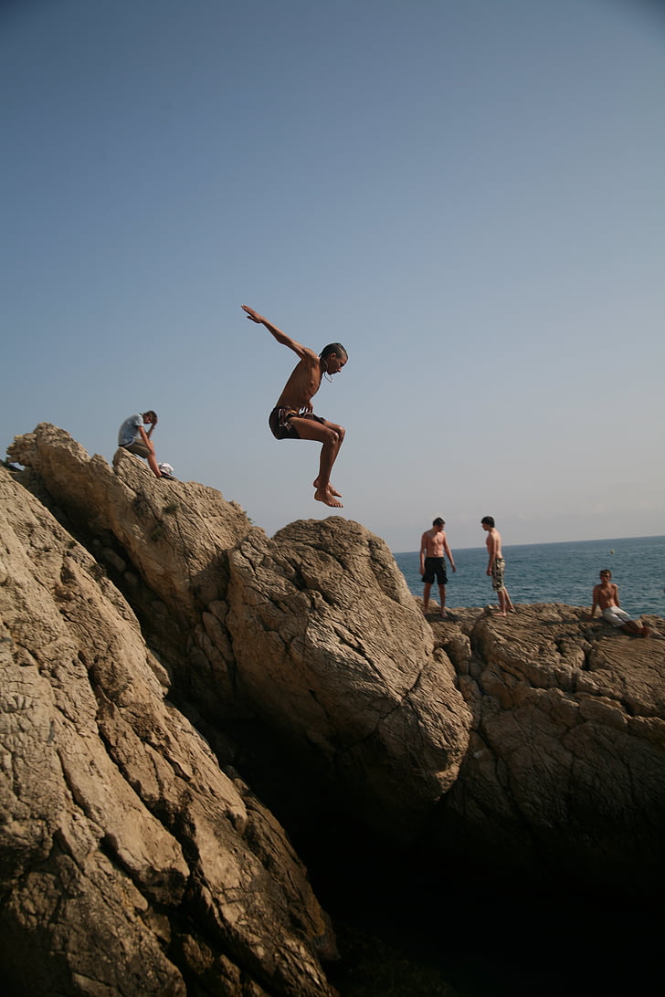 jump, diving, sea, action, sky