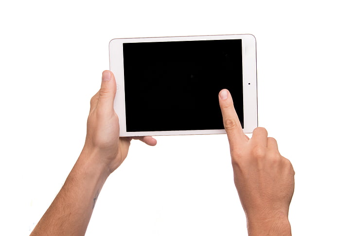 Tablet, iPad, číst, obrazovka, přejetí, dotek, označit
