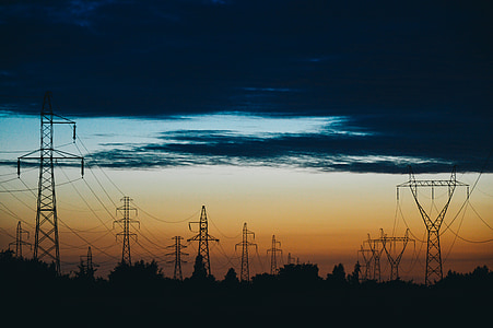 power lines, electricity, dusk, sunset, energy, industry, electric