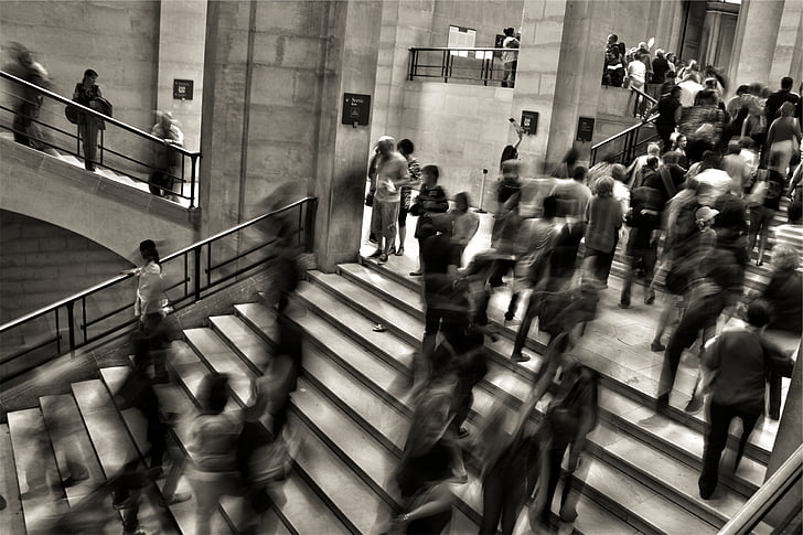 people, crowded, steps, walking, staircase, black And White, architecture