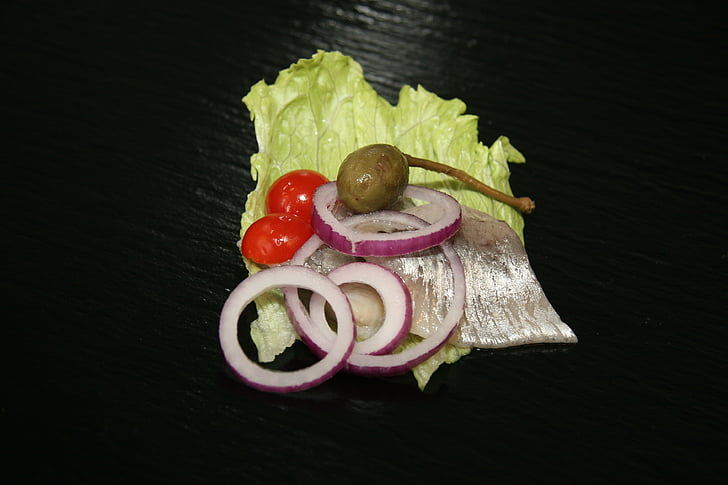 herring, marinated herring, onion, salad, food, dining, taste